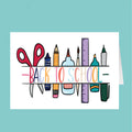 Cartoon school supplies with 'Back to School' text on a teal background