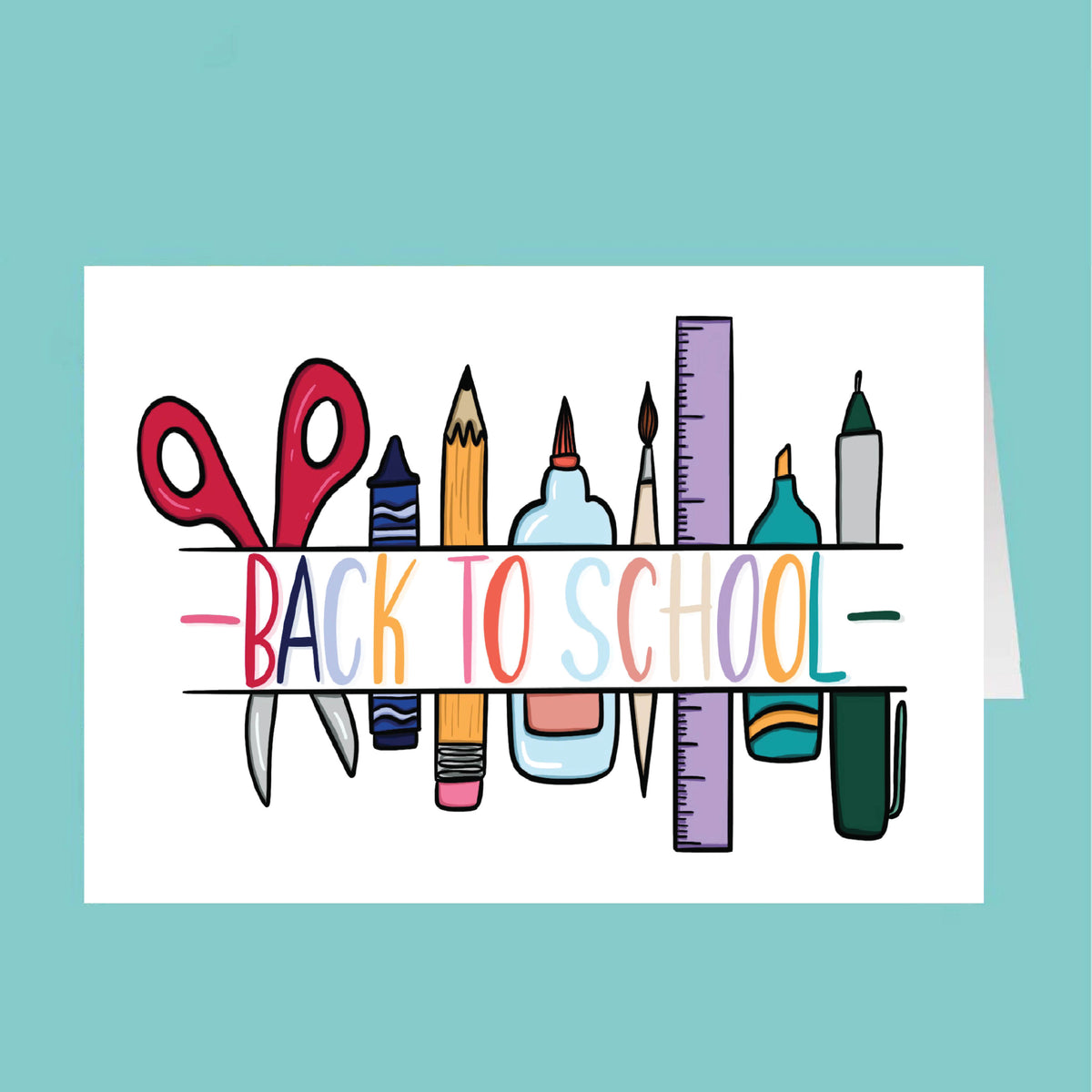 Cartoon school supplies with 'Back to School' text on a teal background