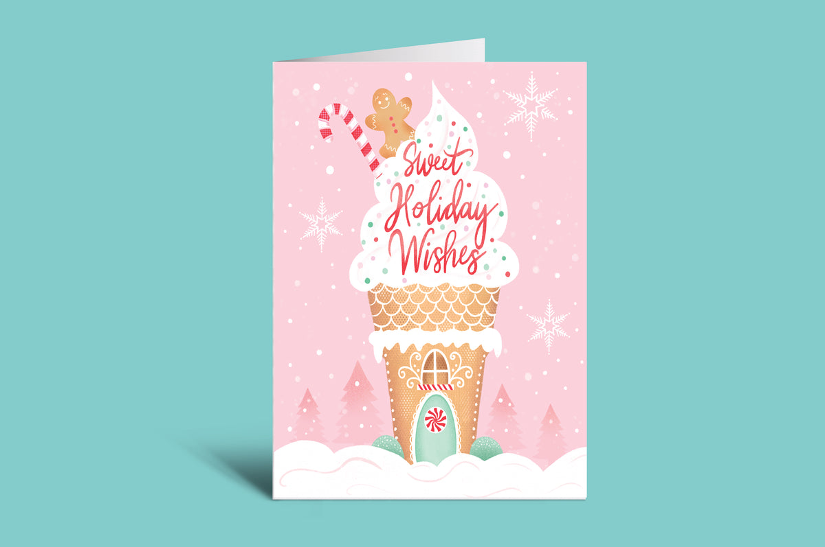 Holiday greeting card with ice cream cone and gingerbread man on a pink background