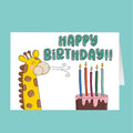 Birthday card with a cartoon giraffe blowing out candles on a cake and 'Happy Birthday!!!' text.