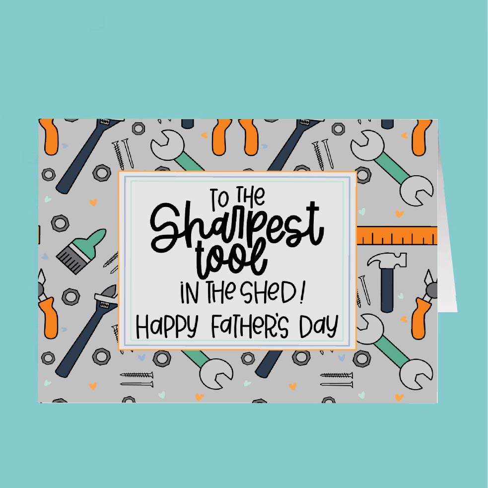 Father's Day card with tool-themed design and text on a teal background