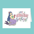 Birthday card with a mermaid and 'Have a Mermazing Birthday!' text on a teal background