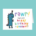 Birthday card with a dinosaur illustration and colorful text on a white background