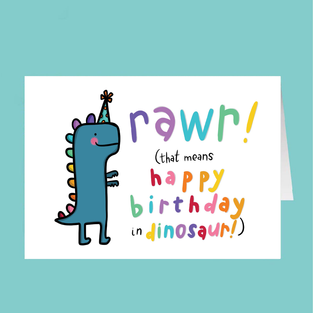 Birthday card with a dinosaur illustration and colorful text on a white background
