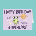 Birthday card with an alien and planet design on a purple background