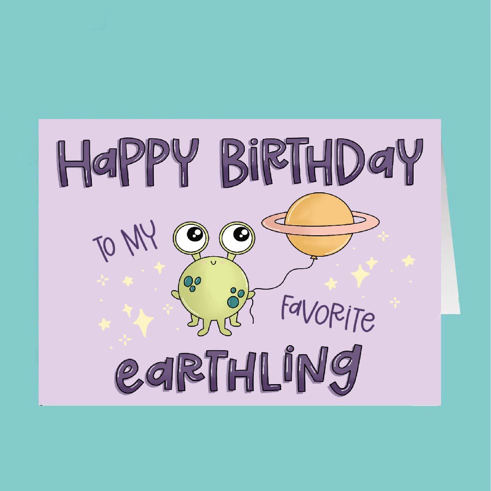 Birthday card with an alien and planet design on a purple background