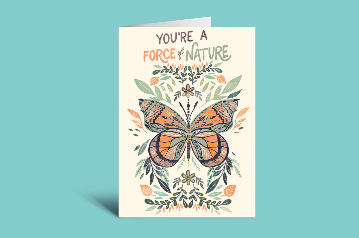 Greeting card with butterfly illustration and text on a teal background