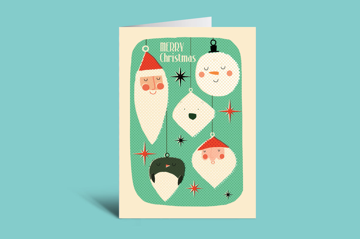 Christmas card with cartoon characters on a green background