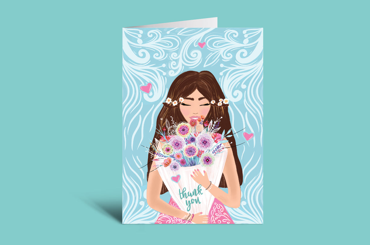 Greeting card with a design of a woman holding flowers on a green background