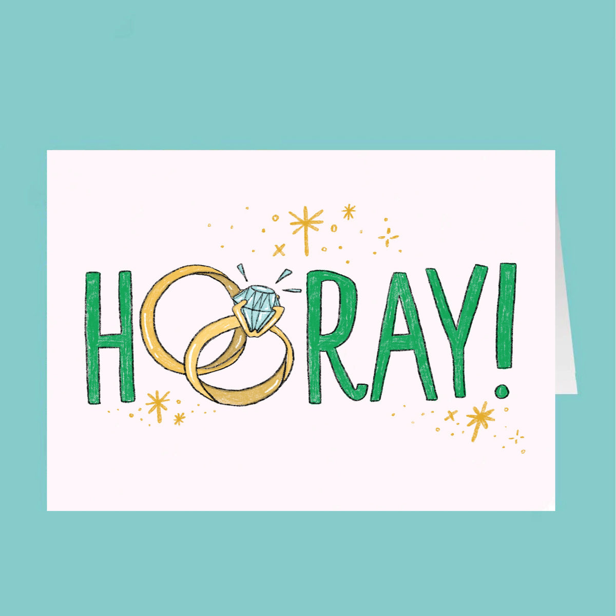 Card with 'Hooray!' text and wedding rings on a teal background