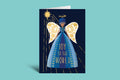 Greeting card with angel design and 'Joy to the World' text on a teal background