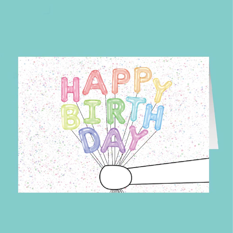 Greeting card with 'Happy Birthday' text in colorful balloon letters on a white background.