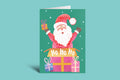 Christmas card with Santa Claus holding a gift, surrounded by presents on a green background
