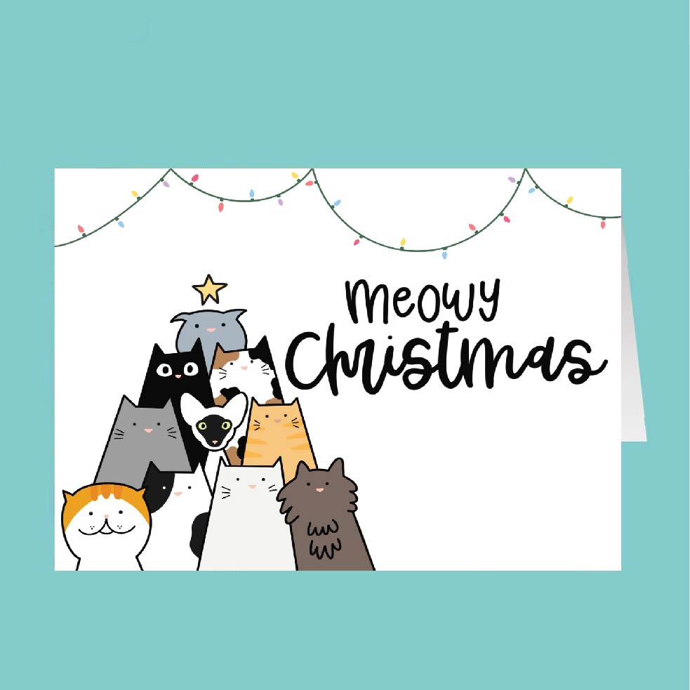 Card with cartoon cats and 'Meowy Christmas' text on a teal background