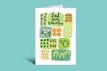 Father's Day card with gardening-themed illustrations on a green background