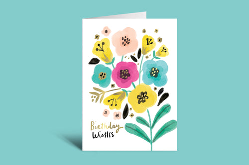 Greeting card with colorful floral design and 'Birthday Wishes' text on a green background