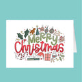 Colorful 'Merry Christmas' card with festive illustrations on a teal background