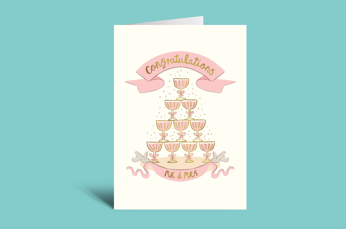 Greeting card with champagne tower design and 'Congratulations' text on a teal background