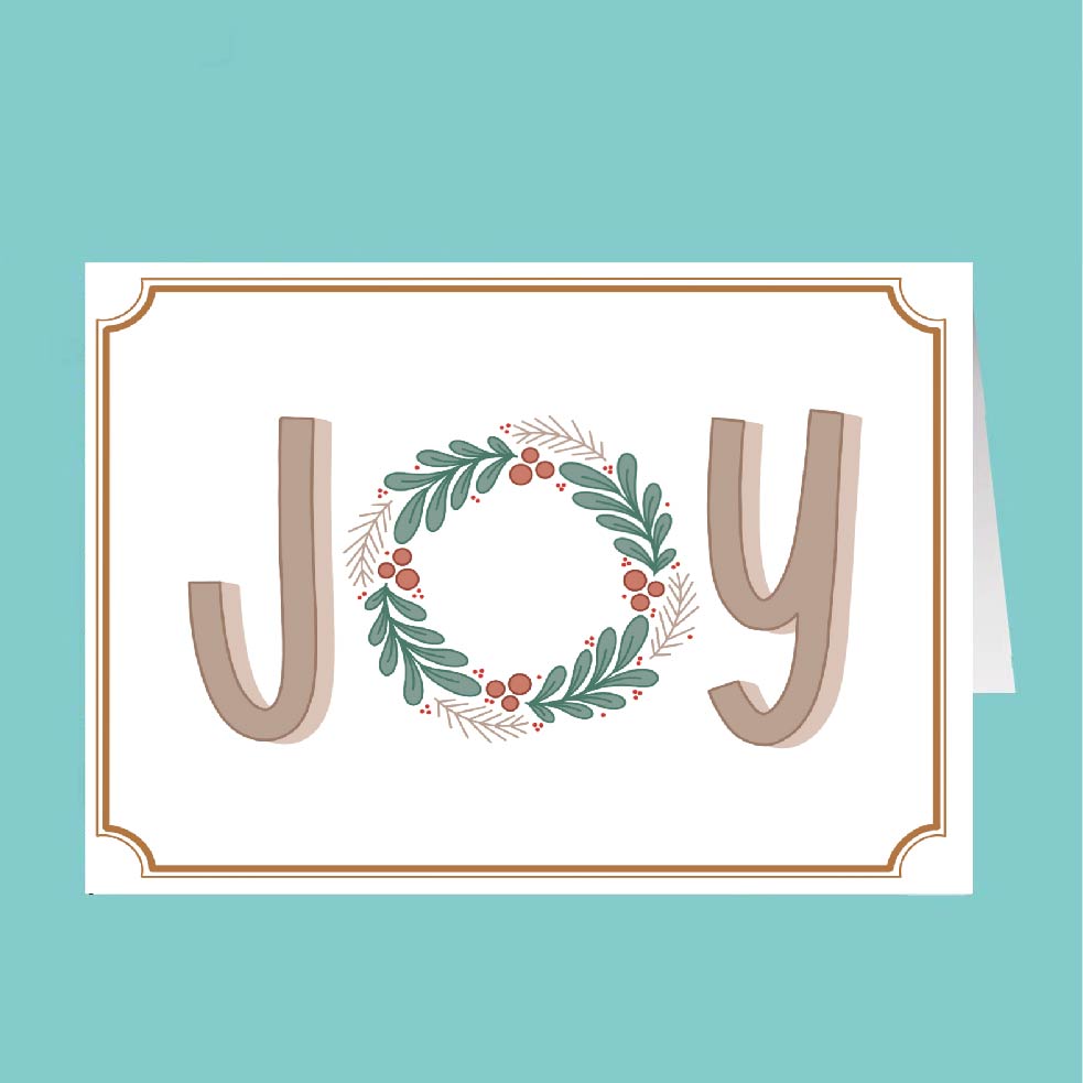 Card with 'JOY' text and wreath design on a teal background