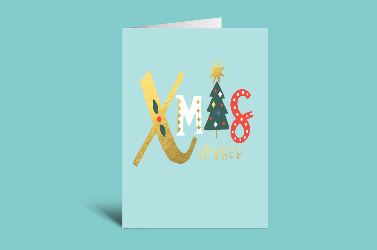 Christmas card with 'Xmas Wishes' text on a green background