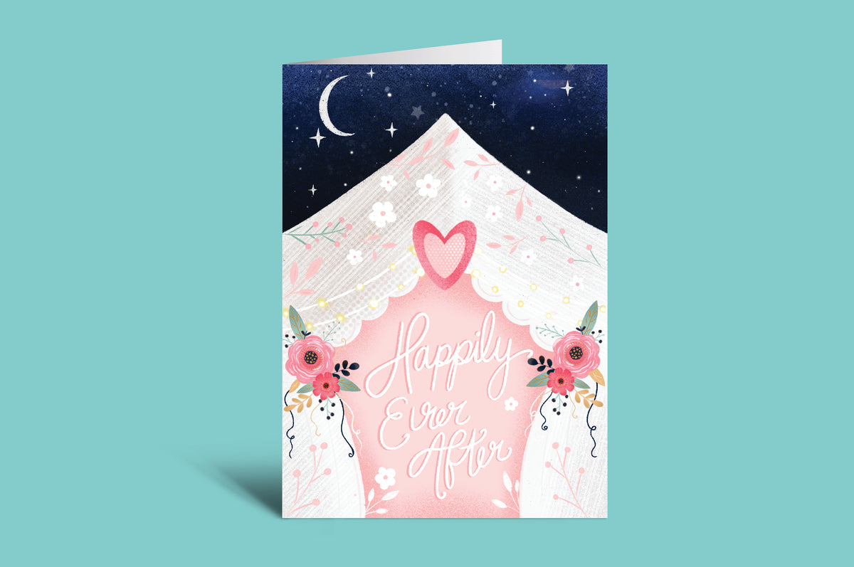 Greeting card with pink heart, flowers, and text on a teal background