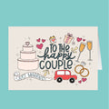 Wedding-themed card with cake, champagne glasses, and car illustration on a teal background
