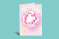 Greeting card with disco ball and 'Let's Party' text on a pastel gradient background