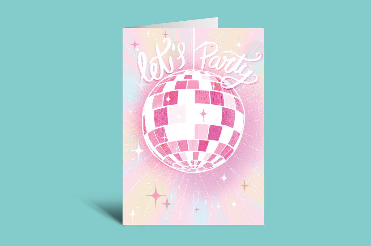 Greeting card with disco ball and 'Let's Party' text on a pastel gradient background