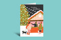 Christmas card with a snowy scene, people, and a dog on a green background