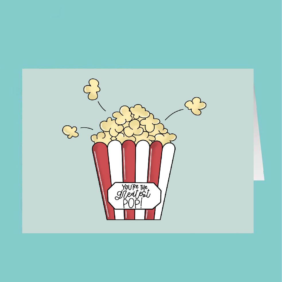 Cartoon popcorn bucket with 'You're the greatest pop!' text on a light blue background
