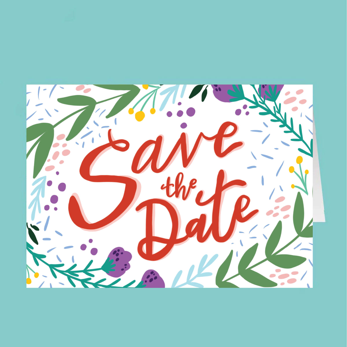 Save the Date card with red text and floral decorations on a white background