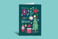 Colorful holiday card with festive illustrations on a green background