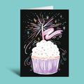 Birthday card with a cupcake and firework design on a black background