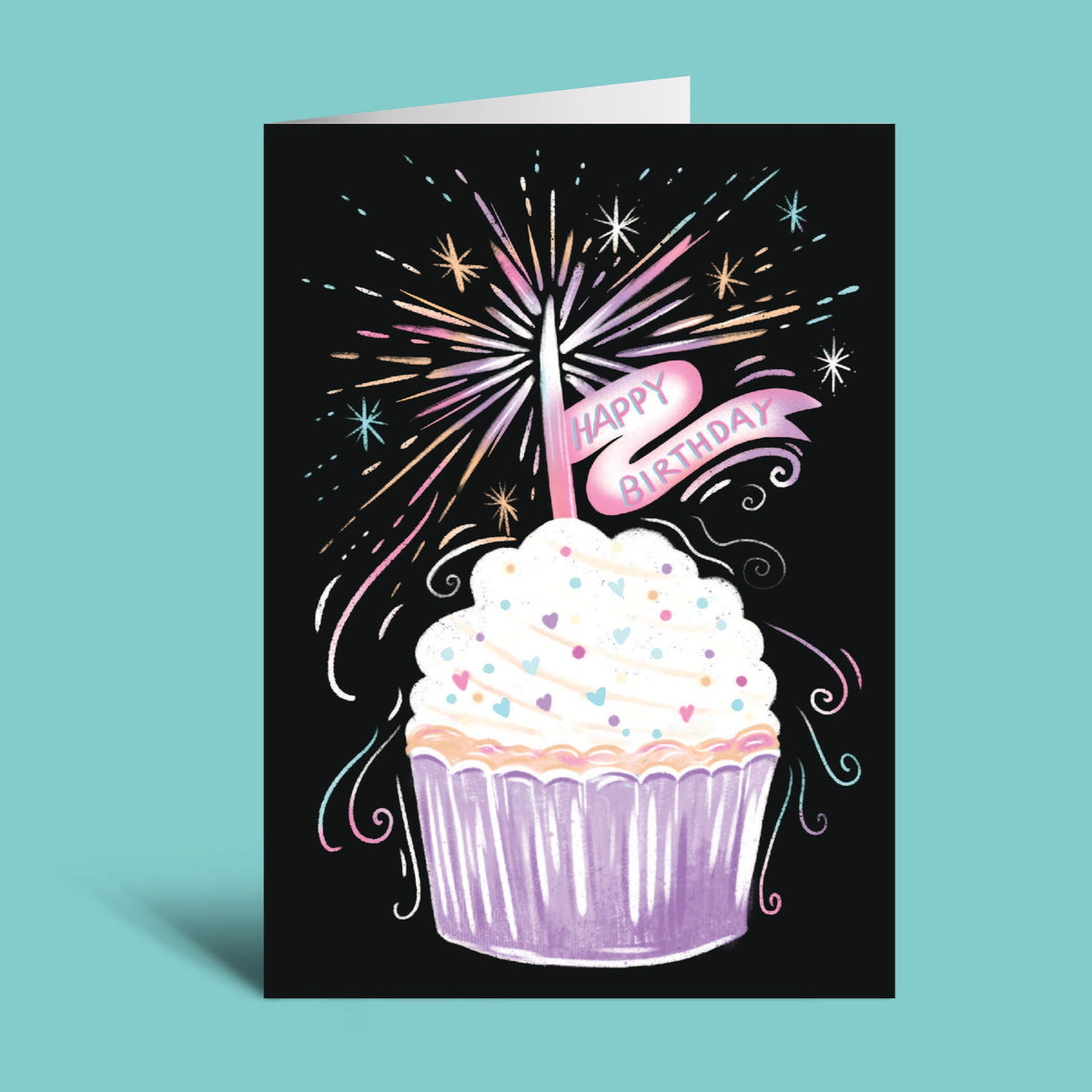 Birthday card with a cupcake and firework design on a black background