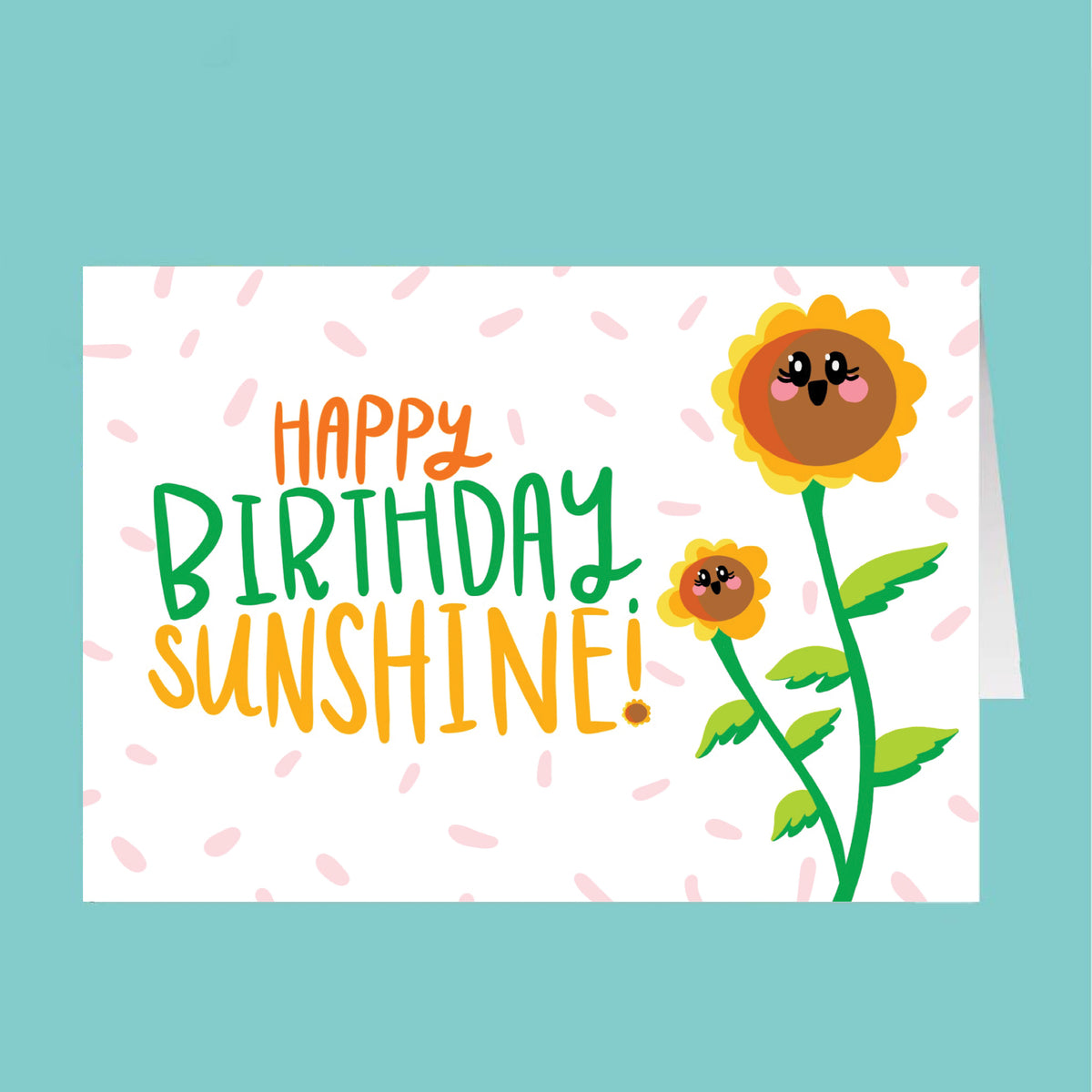 Birthday card with cartoon sunflowers and 'Happy Birthday Sunshine!' text on a white background.