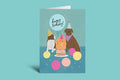 Birthday card with illustrations of dogs at a party on a teal background