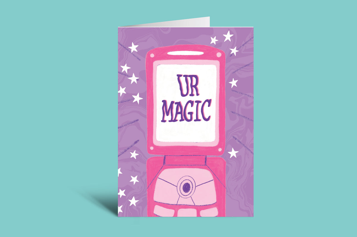 Greeting card with 'UR MAGIC' text on a purple background