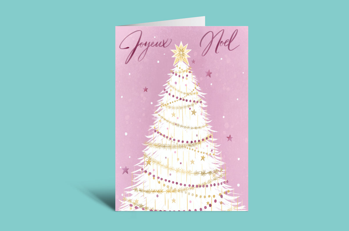 Christmas card with a white tree and 'Joyeux Noel' text on a purple background