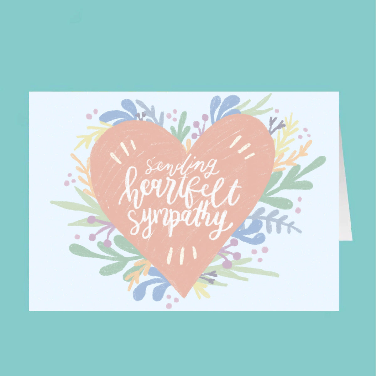 Card with a heart-shaped design and 'sending heartfelt sympathy' text on a teal background