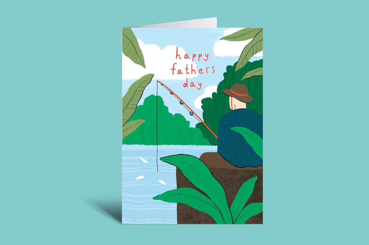 Fathers Day card with a fisherman illustration on a green background