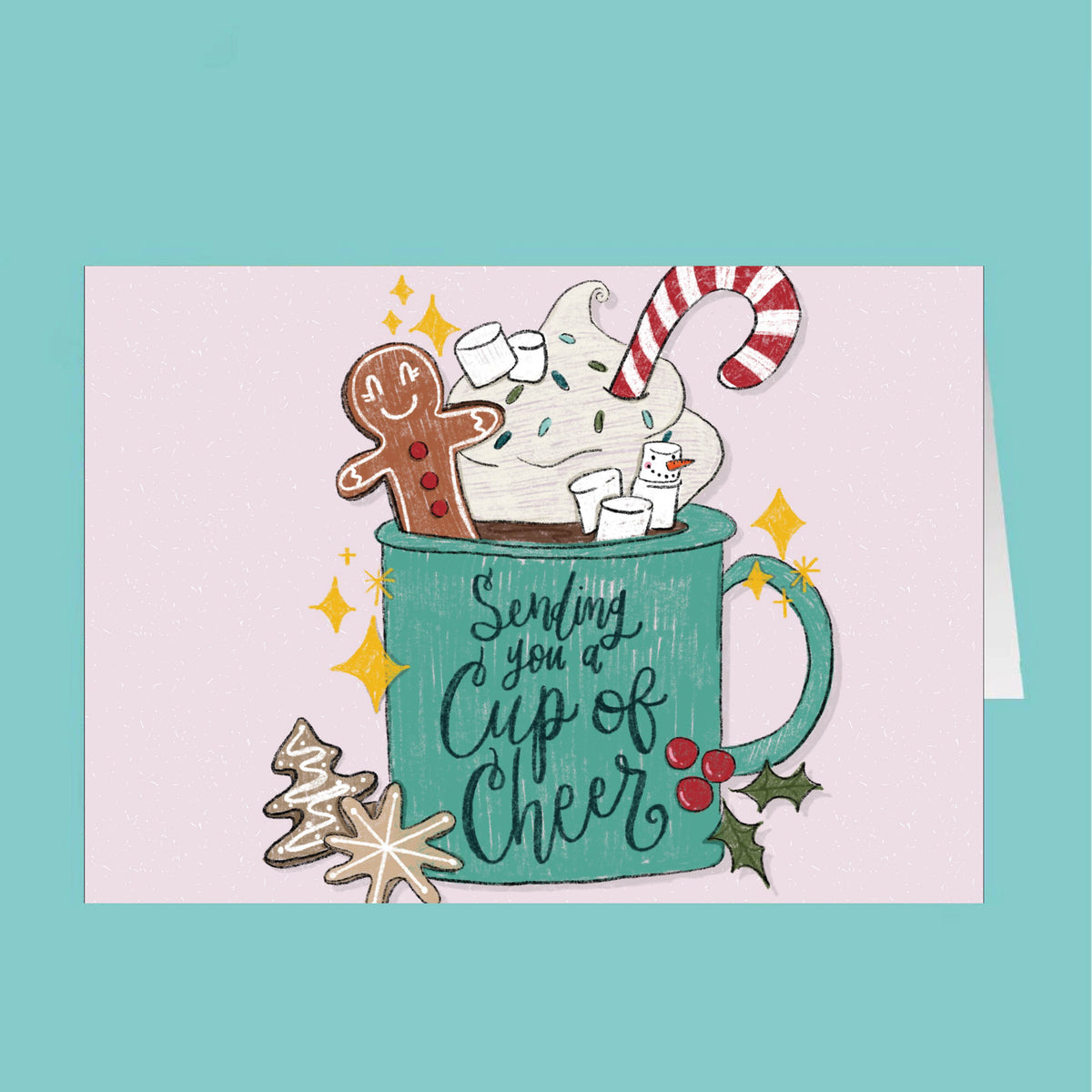 Christmas-themed card with a mug, cookies, and candy on a light pink background
