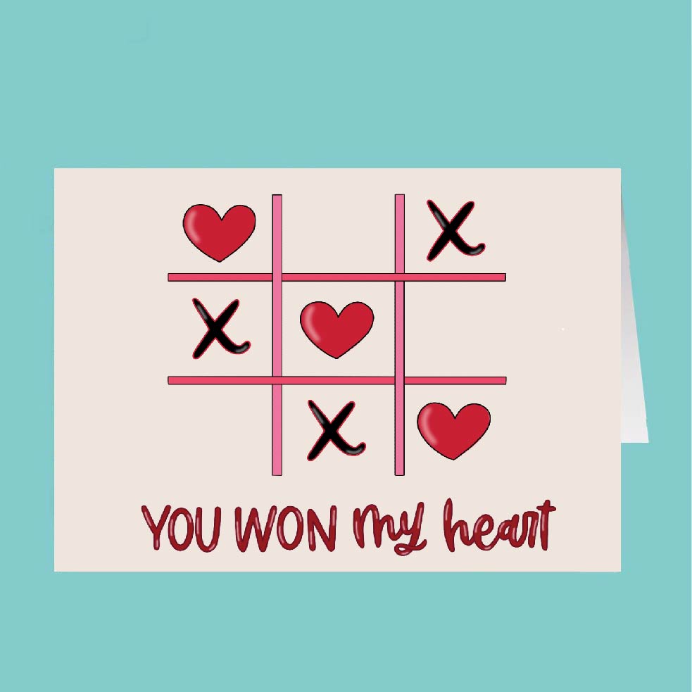 Card with a tic-tac-toe design featuring hearts and 'You Won My Heart' text on a teal background.