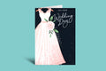 Wedding card with a pink dress illustration on a teal background
