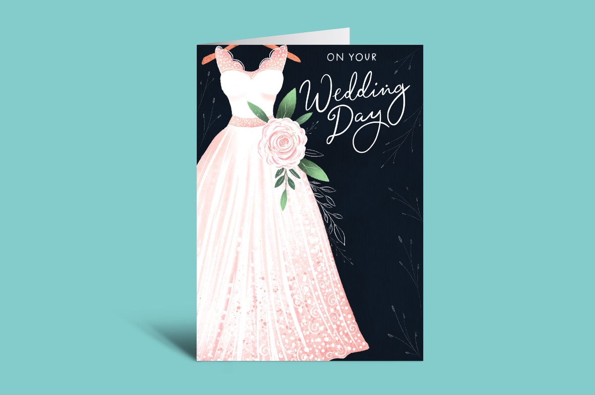 Wedding card with a pink dress illustration on a teal background