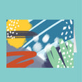 Colorful abstract design with geometric shapes on a teal background