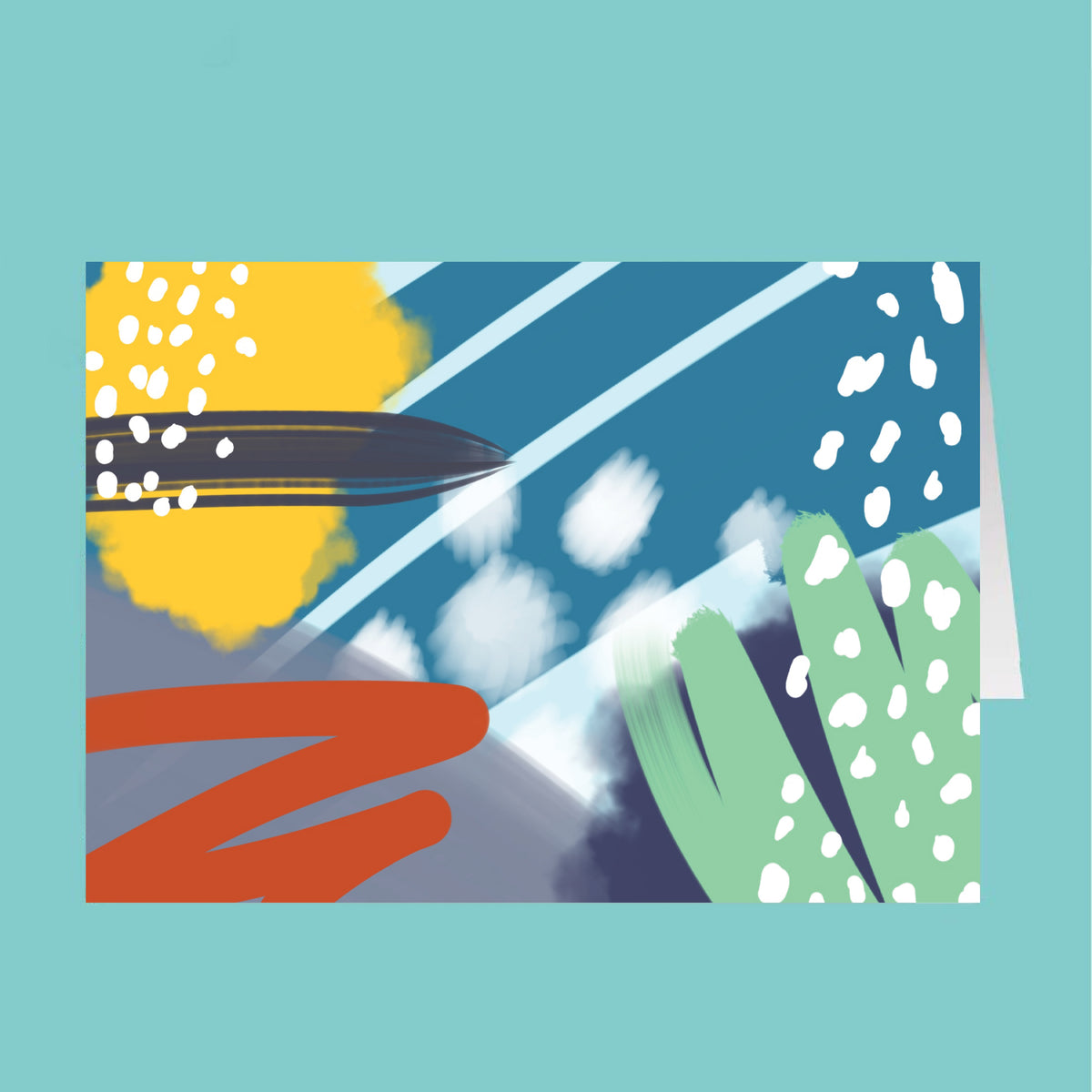Colorful abstract design with geometric shapes on a teal background