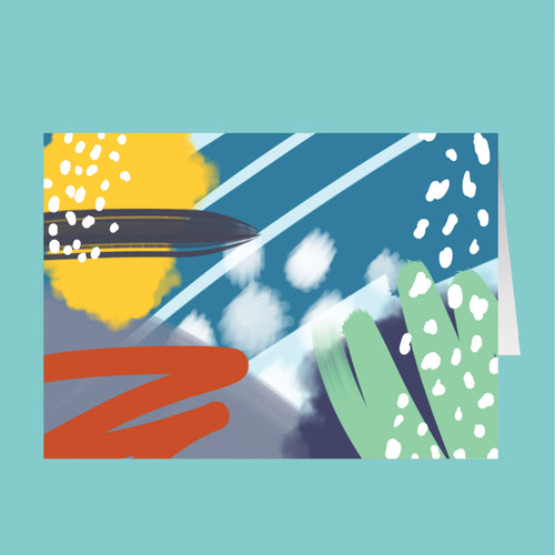 Colorful abstract design with geometric shapes on a teal background