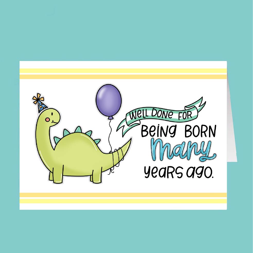 Birthday card with a dinosaur holding a balloon and text on a teal background