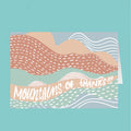 Cartoon illustration of mountains with 'Mountains of thanks!!' text on a teal background