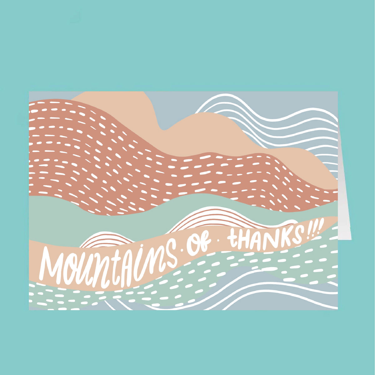 Cartoon illustration of mountains with 'Mountains of thanks!!' text on a teal background